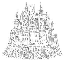 Fairy tale medieval castle on the hill. Coloring book page for adults and children