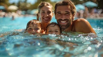 Happy family with inflatable mattress in swimming pool. Summer vacation