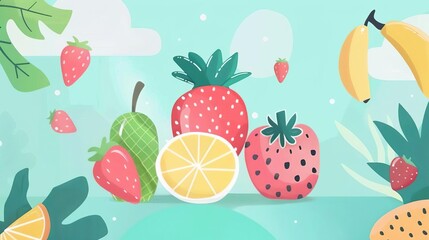 A variety of fruits, including strawberries, bananas, pears, and lemons, are arranged on a green background