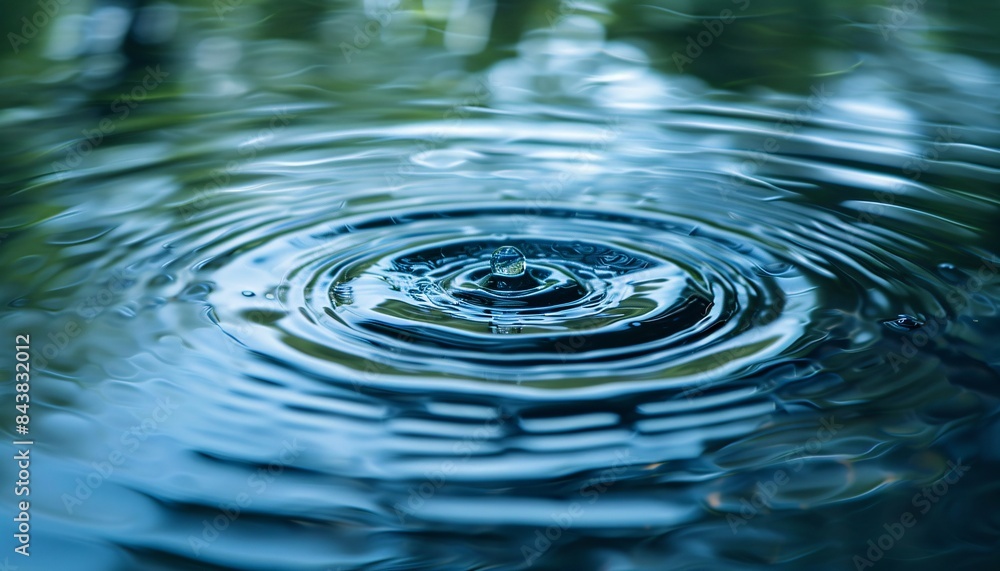 Poster close-up of water droplet creating ripples on a calm surface with reflections of greenery in the bac