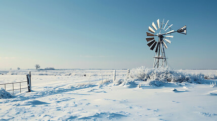 snow-covered windmill in village