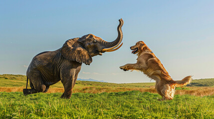 Obraz premium African Elephant and Golden Retriever Playing