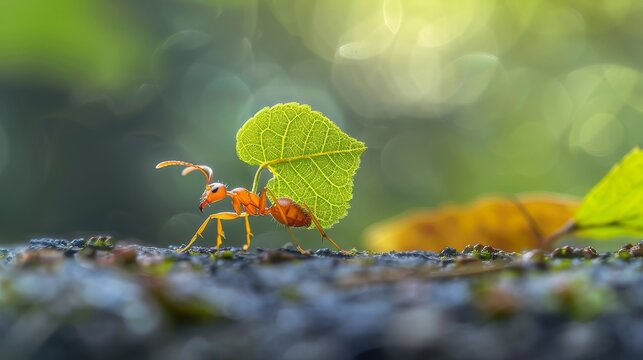 Ant carrying a leaf in the style of Nikon D850, macro photography, 32k UHD, National Geographic photo, high detailed, focus stacking
