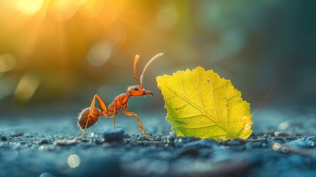 Ant carrying a leaf in the style of Nikon D850, macro photography, 32k UHD, National Geographic photo, high detailed, focus stacking