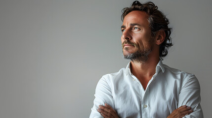 Fototapeta premium Good-looking middle-aged businessman with arms crossed isolated in a white background 