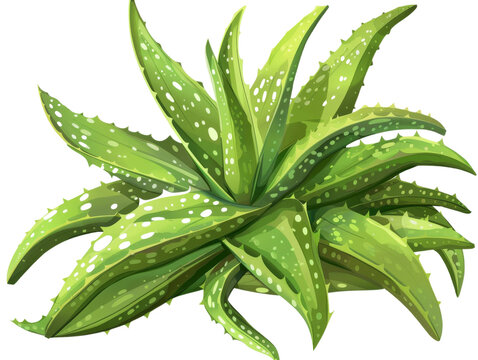 A close-up of a vibrant green aloe vera plant with white spots. The leaves are arranged in a spiral pattern.