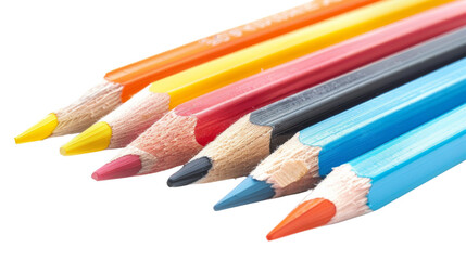 Fototapeta premium A close-up of six colorful pencils with sharpened tips. The pencils are arranged in a row, with the yellow pencil at the top and the blue pencil at the bottom.