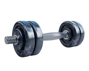 Fototapeta premium A close-up shot of a chrome dumbbell isolated on a black background. The weight plates are made of metal with a textured surface.
