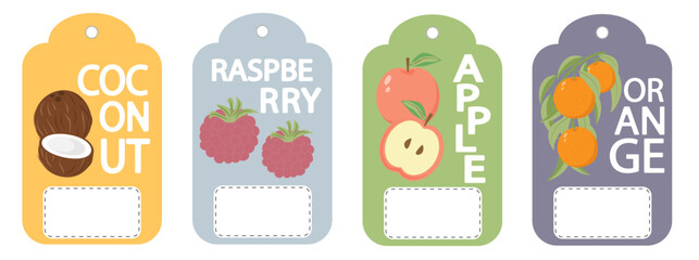 Set of labels, price tags of fruit posters in a bright minimalistic style.