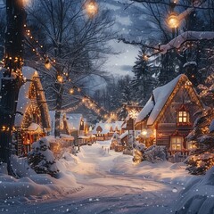 Fototapeta premium A charming seasonal holidays image of a quaint village blanketed in snow, adorned with twinkling lights and festive decorations, capturing the magic and wonder of the winter season
