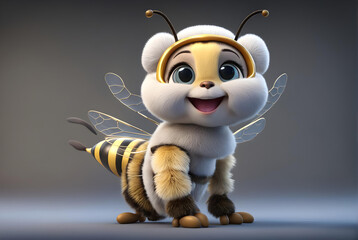 A 3D animated cartoon render of a smiling cartoon Cute honey bee cartoon character 3D Rendered on White background,