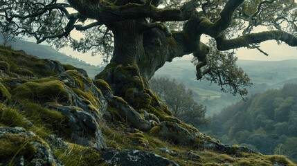 Fototapeta premium An ancient tree covered in moss thrives on the hill showcasing nature s resilience and the passage of time