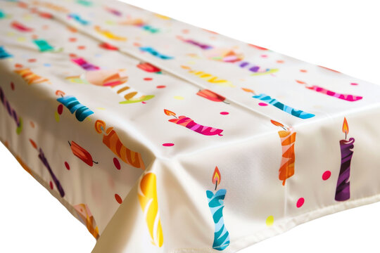 A colorful birthday tablecloth with candles and confetti. Perfect for a festive celebration.
