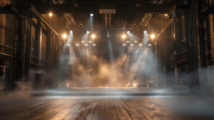 Empty stage illuminated by lights reaching the audience