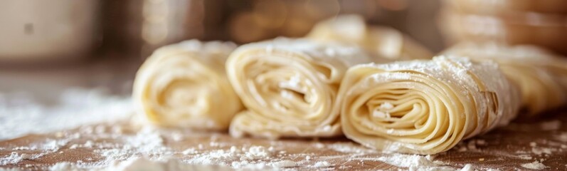 Several rolled up rolls of dough sitting on a table, filo pastry dough type, food background 
