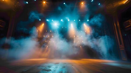 Empty stage illuminated by lights reaching the audience