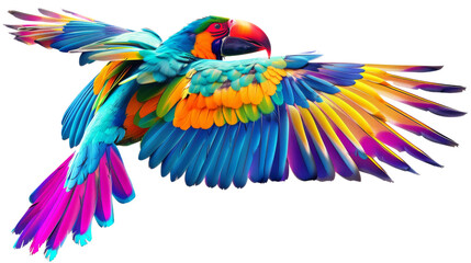 Obraz premium A colorful, vibrant parrot in flight with its wings spread wide.