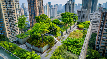 Fototapeta premium Vibrant rooftop garden flourishes amidst dense cityscape, beauty of nature in urban sustainable environment