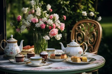 Fototapeta premium Traditional Tea Time Elegance With Pastries And Floral Arrangements. Generative AI