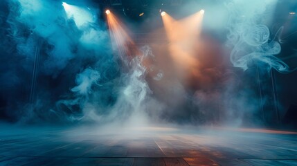 Empty stage illuminated by lights reaching the audience