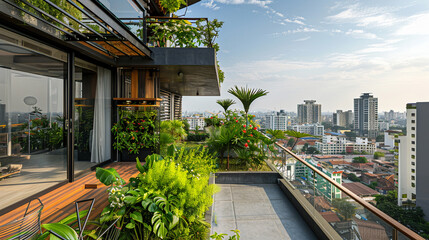 Modern rooftop garden with lush greenery and view of city skyline. Garden with plants and flowers, wooden deck