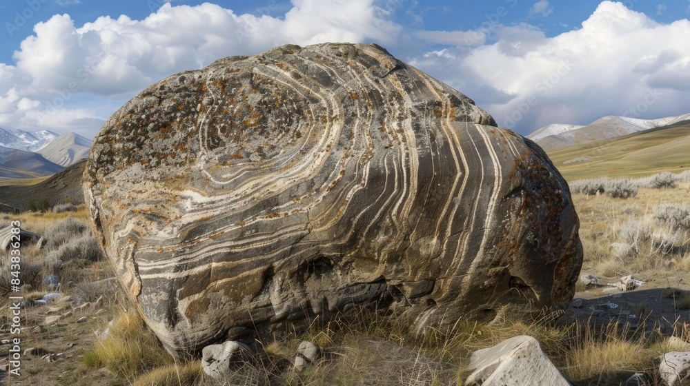 Poster a weathered boulder its surface etched with deep grooves and striations a testament to the forces th
