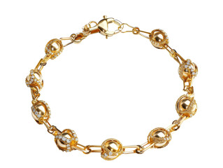 Fototapeta premium A delicate gold bracelet with small diamond accents. The bracelet is made of a chain with small round orbs and intricate designs. Perfect for a sophisticated and elegant look.
