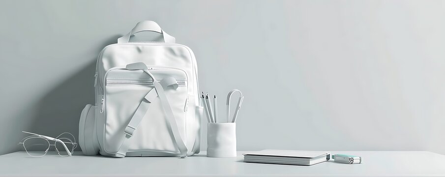 Contemporary student essentials displayed on a clean background with a 3D white backpack and stationery