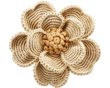 A delicate crocheted flower in beige with a textured center.  The flower is isolated on a black background.  Perfect for crafting and floral designs.