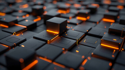 Abstract futuristic glowing orange and black background with cubes in perspective, high-tech design, technological concept