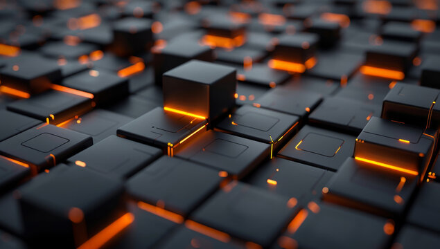 Abstract futuristic glowing orange and black background with cubes in perspective, high-tech design, technological concept