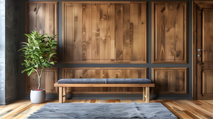 Hall with bench against wooden 3D paneling wall