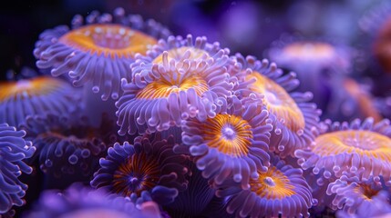 Obraz premium Coral polyps in the style of Nikon D850, macro photography, 32k UHD, National Geographic photo, high detailed, focus stacking