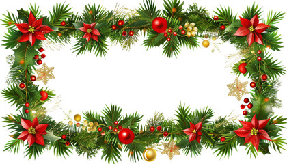 A festive Christmas wreath with red poinsettias, green pine branches, red berries, and golden ornaments. Perfect for holiday decorations.