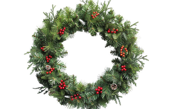 A festive Christmas wreath with evergreen branches and red berries. Perfect for holiday decorations.
