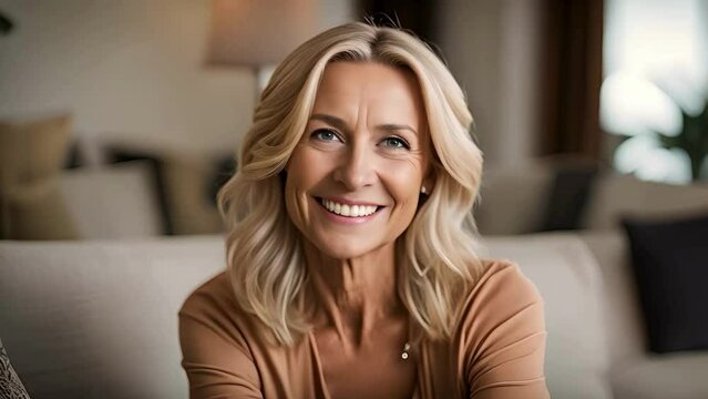 Cheerful beautiful blonde mature woman sitting on home couch, looking at camera with perfect toothy smile, posing in living room