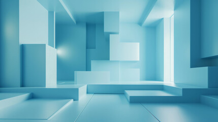 Abstract background with geometric shapes and cubes in a light blue color. A futuristic minimal wall in the style of a futuristic interior design of a modern room. 3D rendering illustration