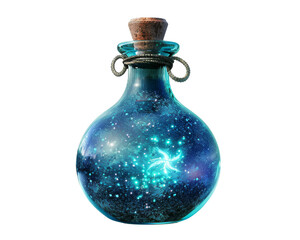 A glass bottle with a cork stopper filled with a swirling blue liquid and sparkling particles.