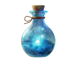A glass bottle with a cork stopper, containing a glowing blue liquid with swirling nebula-like patterns.