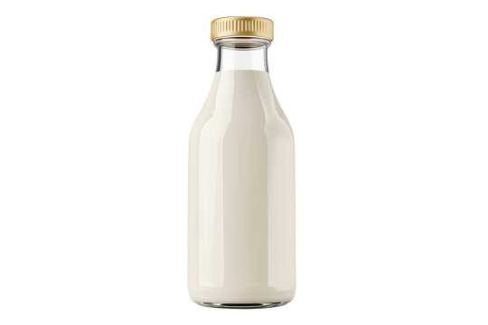 A glass bottle filled with white liquid, possibly milk, with a gold lid.