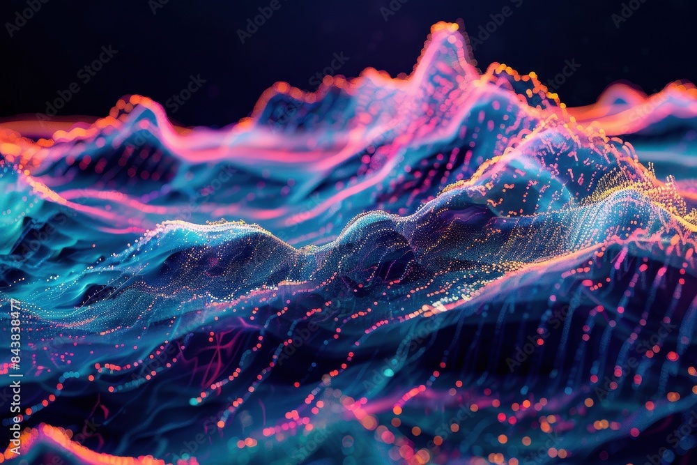Aufkleber abstract digital landscape with vibrant neon waves and points of light illustrating futuristic techn