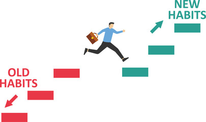 Businessman walking up stair to new habits way, Old Habits and new habits choice 2d vector illustration concept

