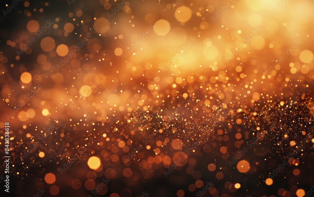 Poster Abstract golden bokeh lights background with defocused glowing particles, creating a warm festive atmosphere. Ideal for celebration themes.