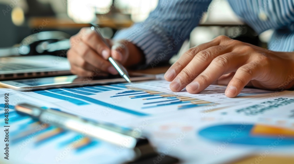 Poster businessman analyzing financial charts and graphs on a desk with laptop and documents for planning a