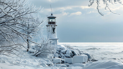 a snow-covered lighthouse in a frozen beach