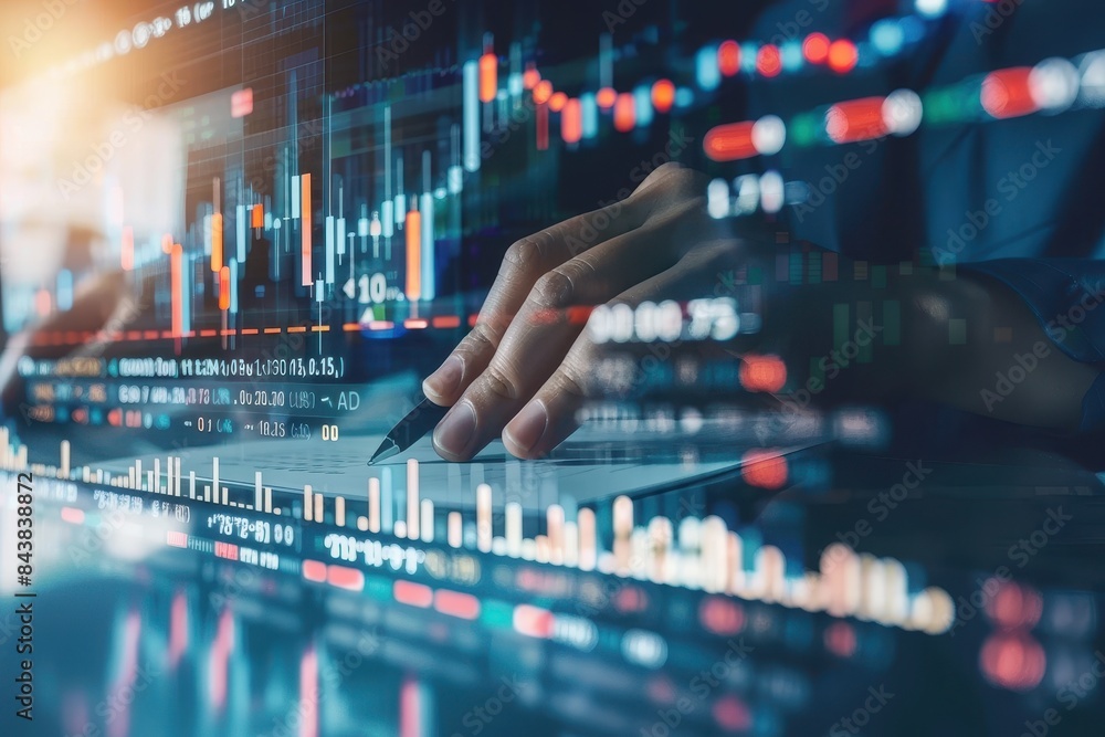 Poster Close-up of a person's hand analyzing financial data on a digital screen with various financial charts and graphs.