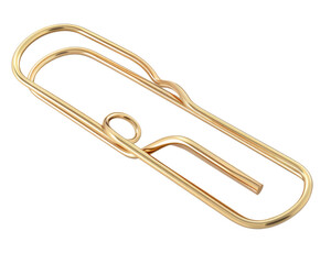 A gold paper clip isolated on a black background.  The clip is in focus, with a shallow depth of field.  The image is perfect for use in presentations, websites, or social media.