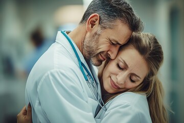 Two doctors, wearing white coats, embrace each other while crying in a hospital hallway.