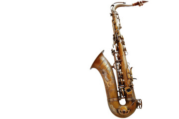 A golden saxophone isolated on a black background. The instrument is a symbol of jazz music and is perfect for a variety of creative projects.