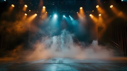 Empty stage illuminated by lights reaching the audience
